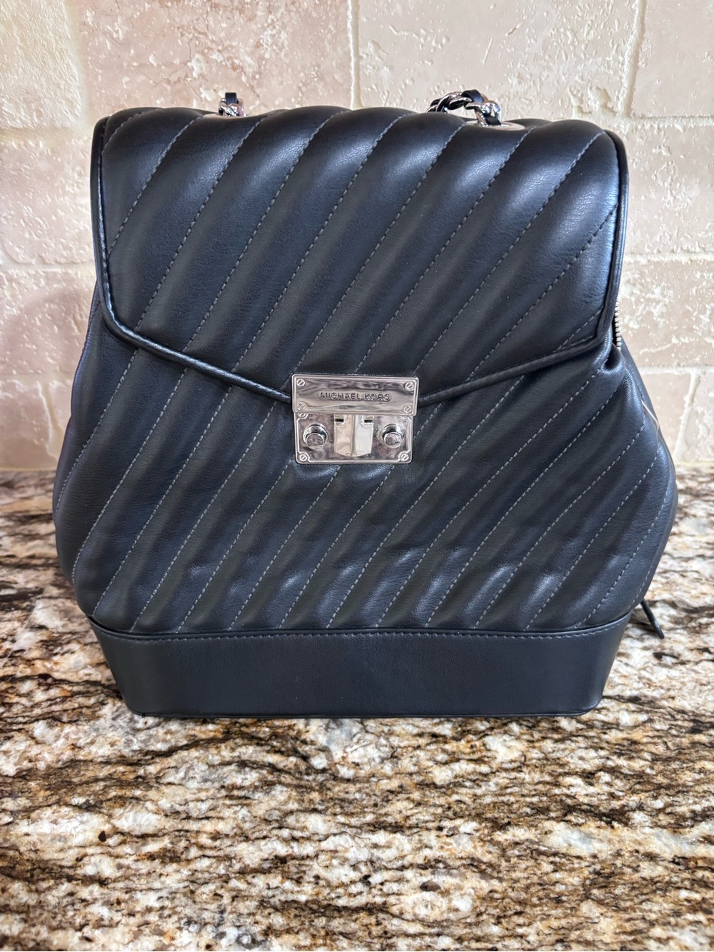 Michael Kors MD Chain Black Quilted Leather Backpack with Silver Hardware